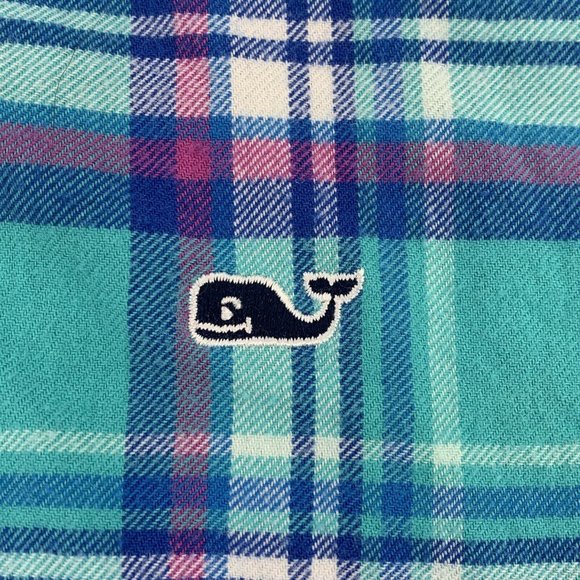Girl's Vineyard‎ Vines L/S Button Down Whale Shirt Teal/Pink/White Plaid L (16) - Picture 5 of 10